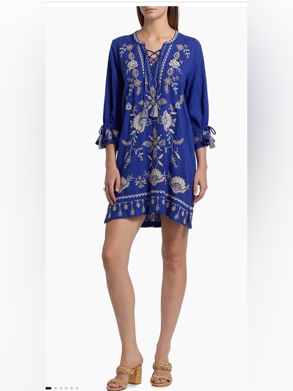 Johnny Was Embroidered Tie-Front Blue Minidress. Size M